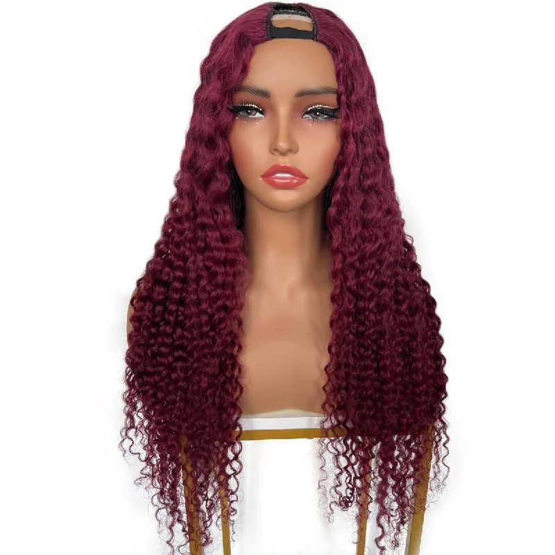 Long wavy wig with soft texture-14 Inch Burgundy Ocean Wave V Part Wig