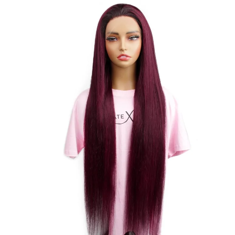 Long black wig with soft texture-14 Inch Ombre Burgundy Straight 13x6 HD Lace Front Wig