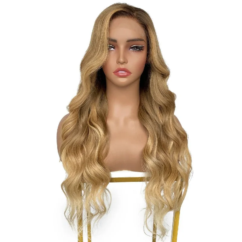 Blonde wavy wig with soft shine-Raw Honey Blonde Ombre Wavy 5x5 HD Closure Wig