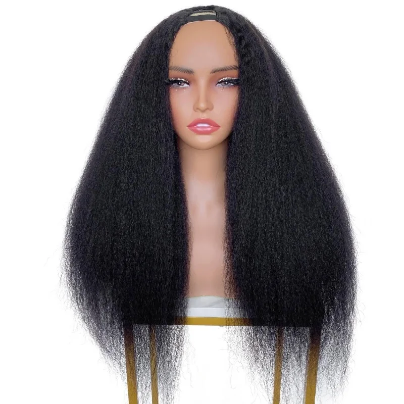 Short black wig with soft shine-22 inch Kinky Straight V Part Wig