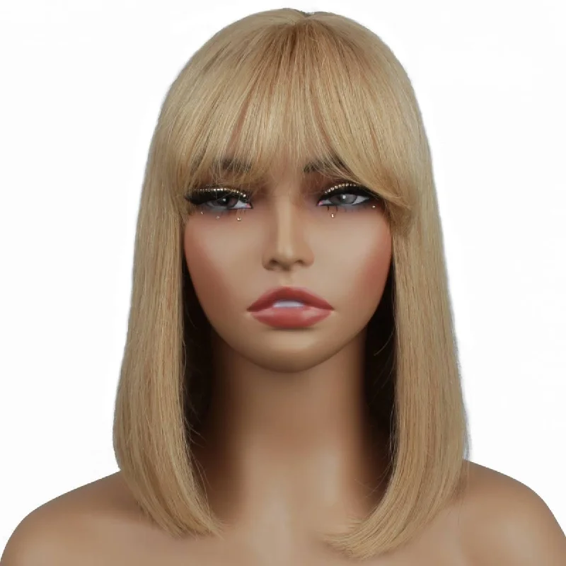 Synthetic wig with soft curls-Honey Blonde Straight Capless Bang Bob Wig