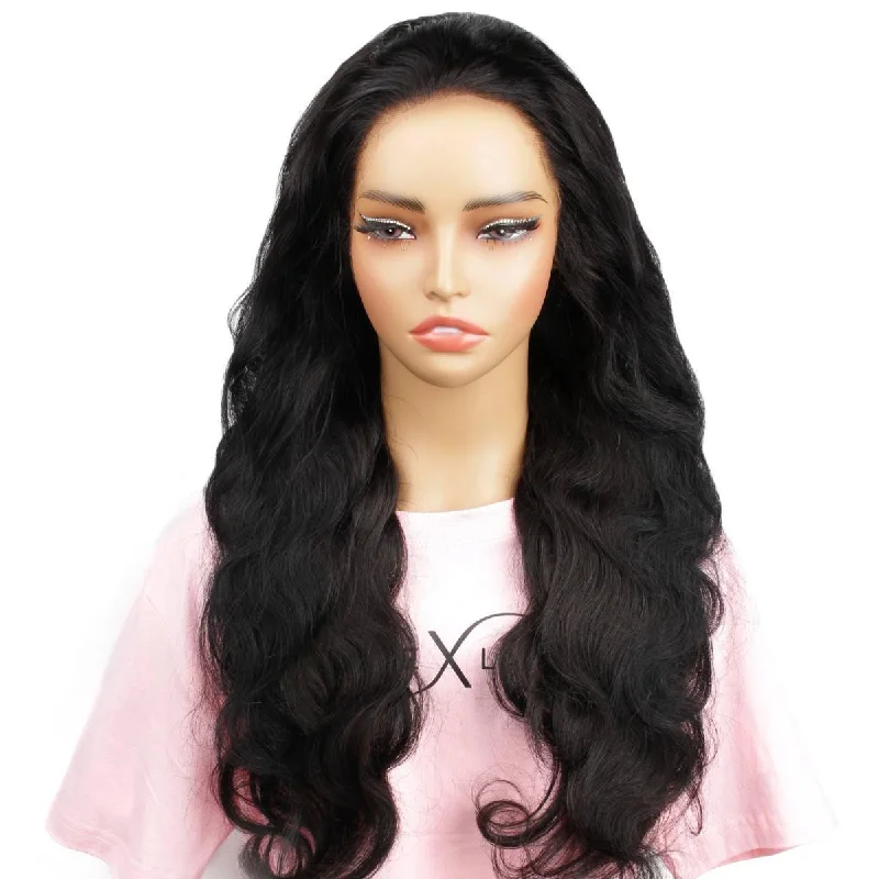 Full coverage wig with bangs-Jet Black Body Wave 13x4 HD Lace Front Wig