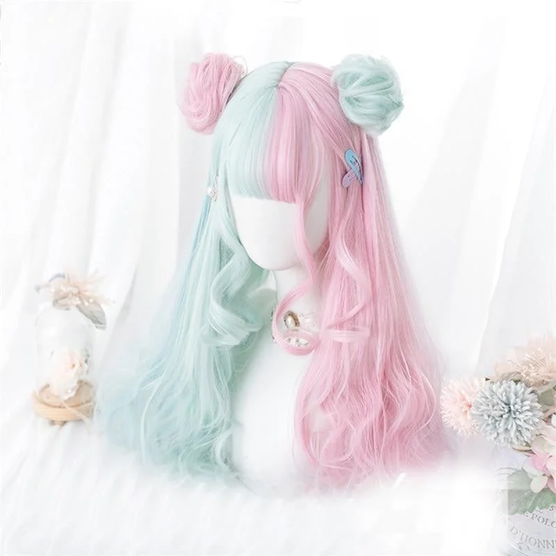 Short black wig with soft shine-Mint & Pink Bun Wig