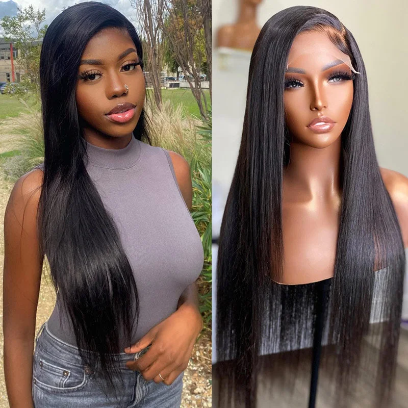 real person hair ring luminous ring-Long Straight Hair 4x4 Transparent Lace Closure Wigs 100% Virgin Human Hair Wigs