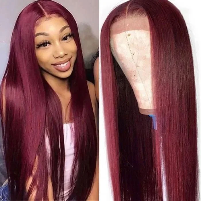 real person hair ring limited gift-Silk Straight 99J Human Hair 13x4 Frontal Lace Wigs Hand Tied Lace Part Wigs For Woman