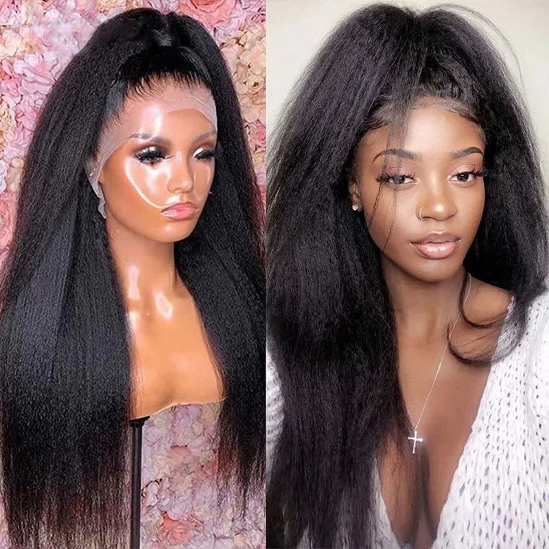 real person hair ring tailored craft-Kinky Straight Frontal Lace Wig Human Hair Natural 13x4 Lace Front Wigs