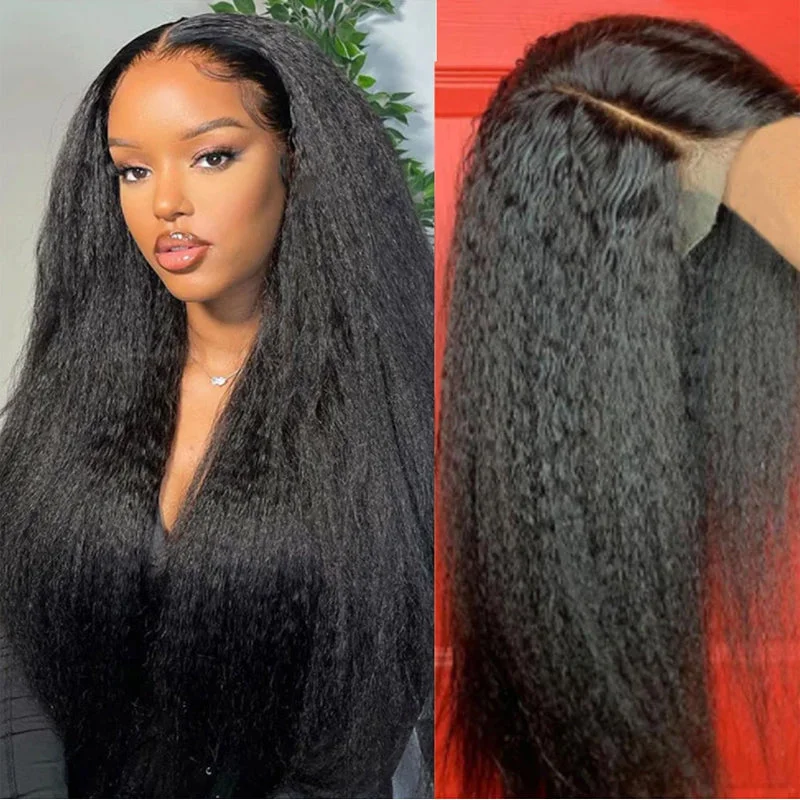 real person hair ring luminous craft-Yaki Straight 13x4 Lace Closure Glueless Wig Kinky Straight Human Hair