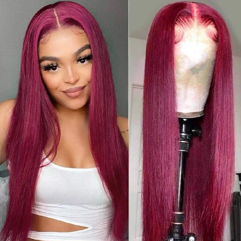 real person hair ring bold treasure-Long Straight Hair 99j Burgundy 13X4 Lace Front Wig Glueless 100% Virgin Human Hair