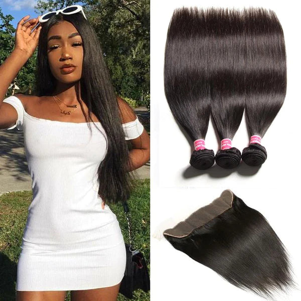 real person hair ring dazzling band-Remy Human Hair Brazilian Straight Hair 3 Bundles with 13X4 Frontal Lace Closure