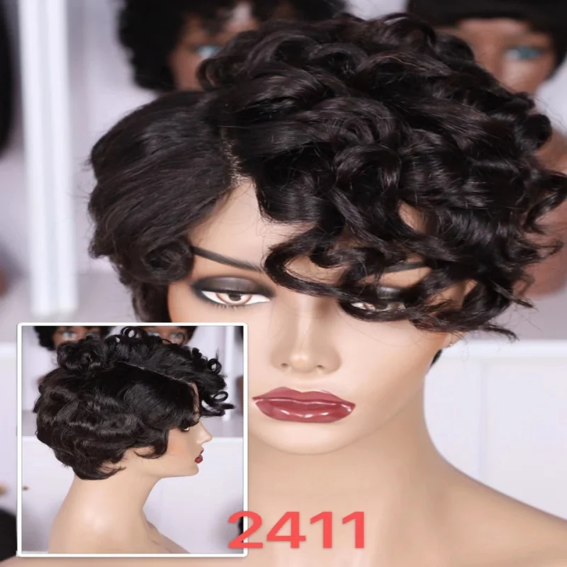 real person hair ring old-world gift-Pixie with T Part Lace Wig Boss Lady Short Wig Human hair YBH-2411  R600