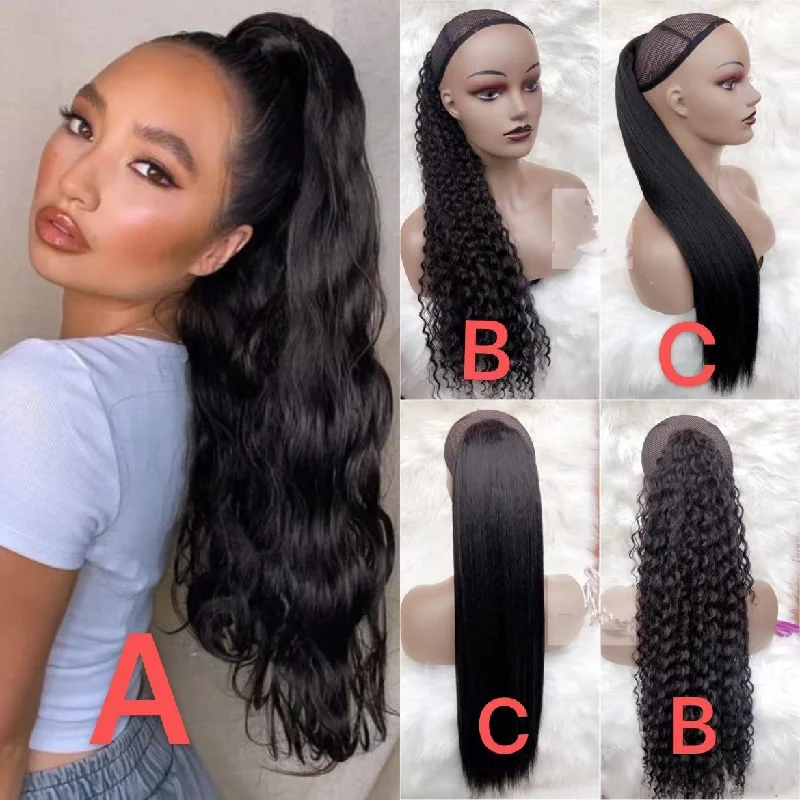 real person hair ring ethnic band-Ponytail 24inches Human Hair Straight & Water Wave Ponytail Hair