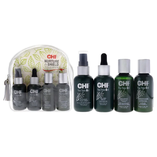 Scalp balancing cream-CHI Tea Tree Nurture and Shield Kit by CHI for Unisex - 4 Pc 2oz Tea Tree Oil Soothing Scalp Spray, 2oz Tea Tree Oil Serum, 2oz Tea Tree Oil Shampoo, 2oz Tea Tree Oil Conditioner