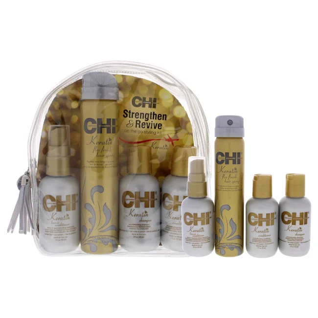 Split end balm-CHI Strengthen and Revive On The Go Styling Kit by CHI for Unisex - 4 Pc 2oz Keratin Shampoo, 2oz Keratin Conditioner, 2oz Keratin Leave-In Conditioner, 2.6oz Keratin Flex Finish Hair Spray