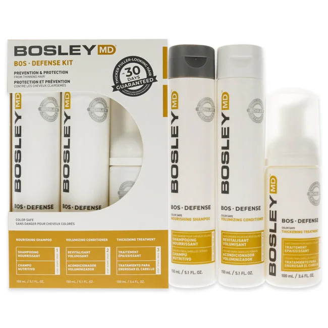 Smooth pomade-Bosley Bos Defense Color Safe Kit by Bosley for Unisex - 3 Pc 5.1oz Nourishing Shampoo, 5.1oz Volumizing Conditioner, 3.4oz Thickening Treatment