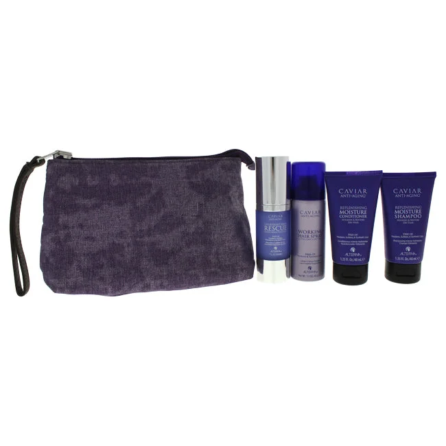 Shea butter oil-Alterna Caviar Transformation Kit by Alterna for Unisex - 5 Pc Kit 1.35oz Replenishing Moisture Shampoo, 1.35oz Replenishing Moisture Conditioner, 1oz Overnight Hair Rescue, 1.5oz Hair Spray, Clutch