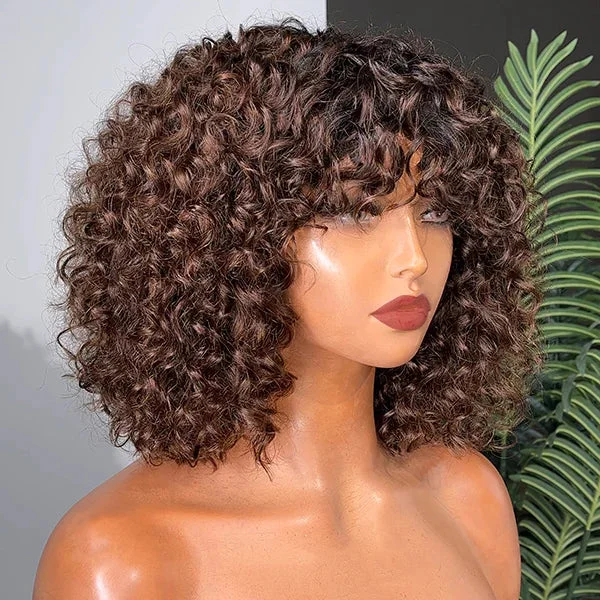 real person hair ring glowing craft-ReadytoGo-T1B/4 Popular Water Wave Bang Bob Wig Peruvian Human Hair