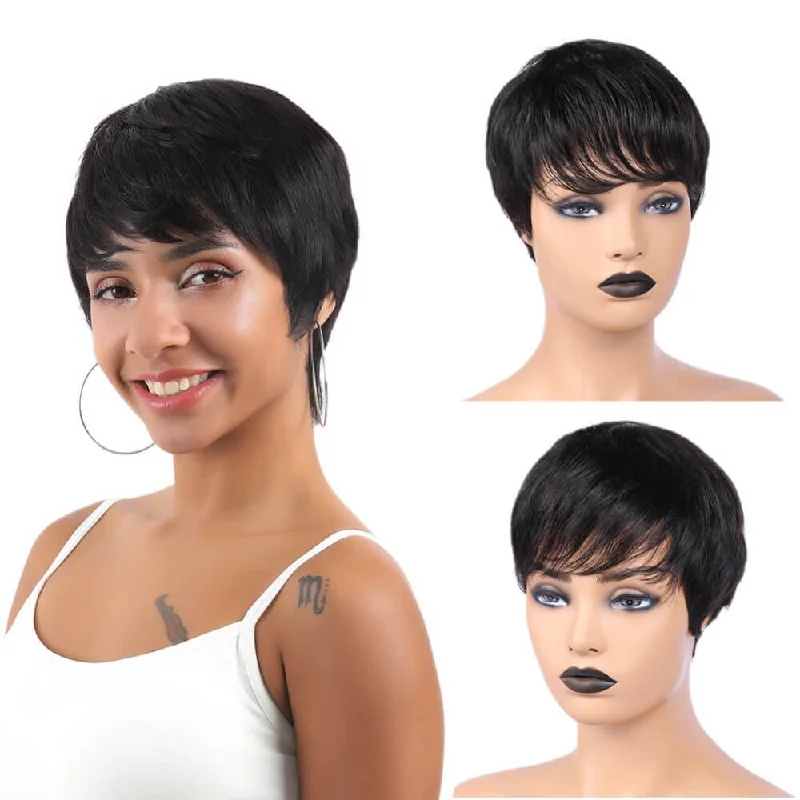 real person hair ring timeless gift-Short Pixie Cut Wig Straight Hair With Bangs 100% Human Virgin Hair Wig