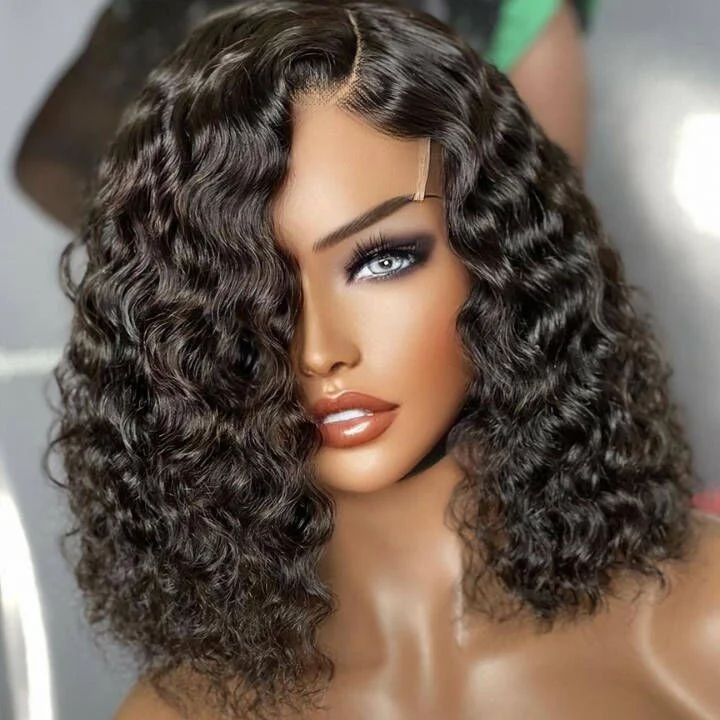 real person hair ring delicate treasure-Spanish Curly Bob Wig 13*4/4*4 Short Human Hair Bob Wigs 10"-16" Black Bob Wig