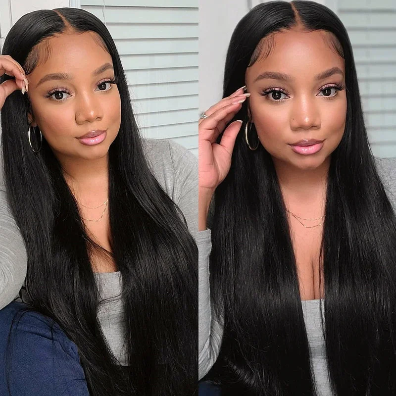 real person hair ring nostalgic craft-Frontal Silk Straight 13x4 Lace Wigs Human Hair Natural Black Color 150% 180% Density