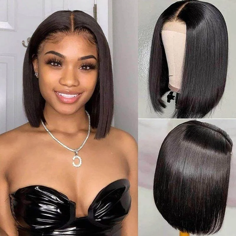 real person hair ring stunning craft-Lace Front 13x4 Bob Wigs Short Straight Human Hair Wigs Middle Part Pre-plucked