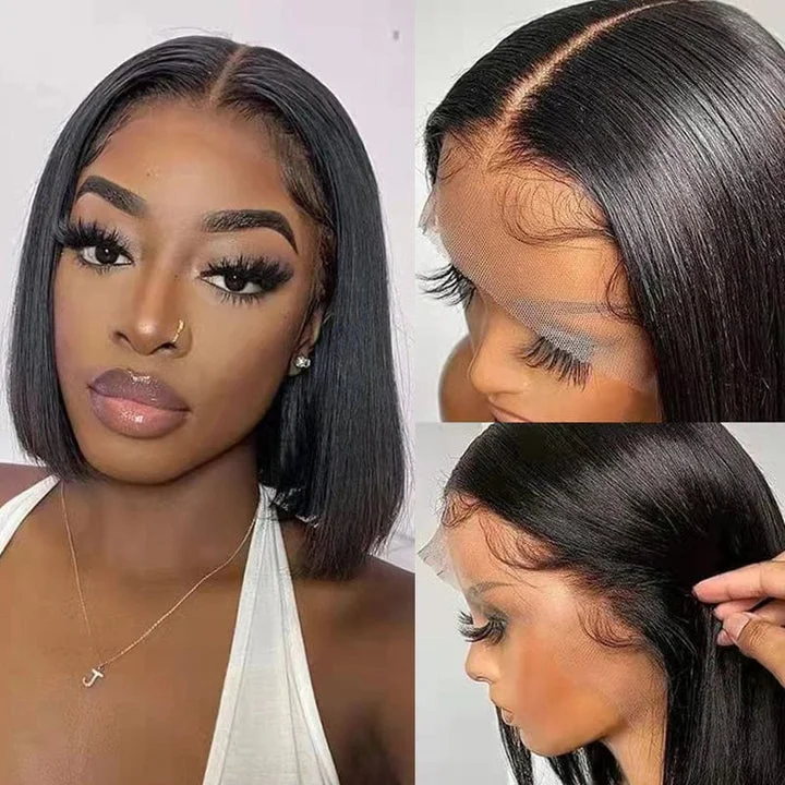 real person hair ring special craft-High Quality Blunt Cut 10" Bob Wigs 13x4 Lace Frontal Pre-plucked Human Hair Wigs