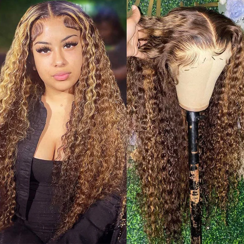 real person hair ring graceful band-Honey Blonde Highlight Piano 13x4 Lace Front Wig With Deep Wave Human Hair Wig