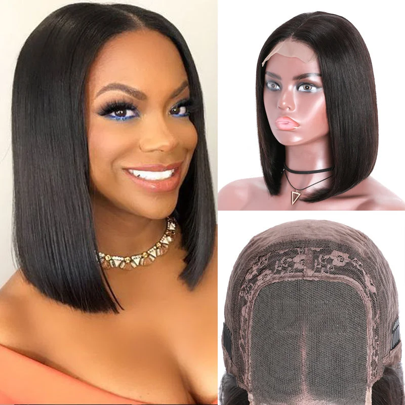 real person hair ring edgy gift-Short Straight Bob Wigs 4x4 Lace Closure Front Wigs Pre-Plucked Virgin Human Hair Wigs 150% Density