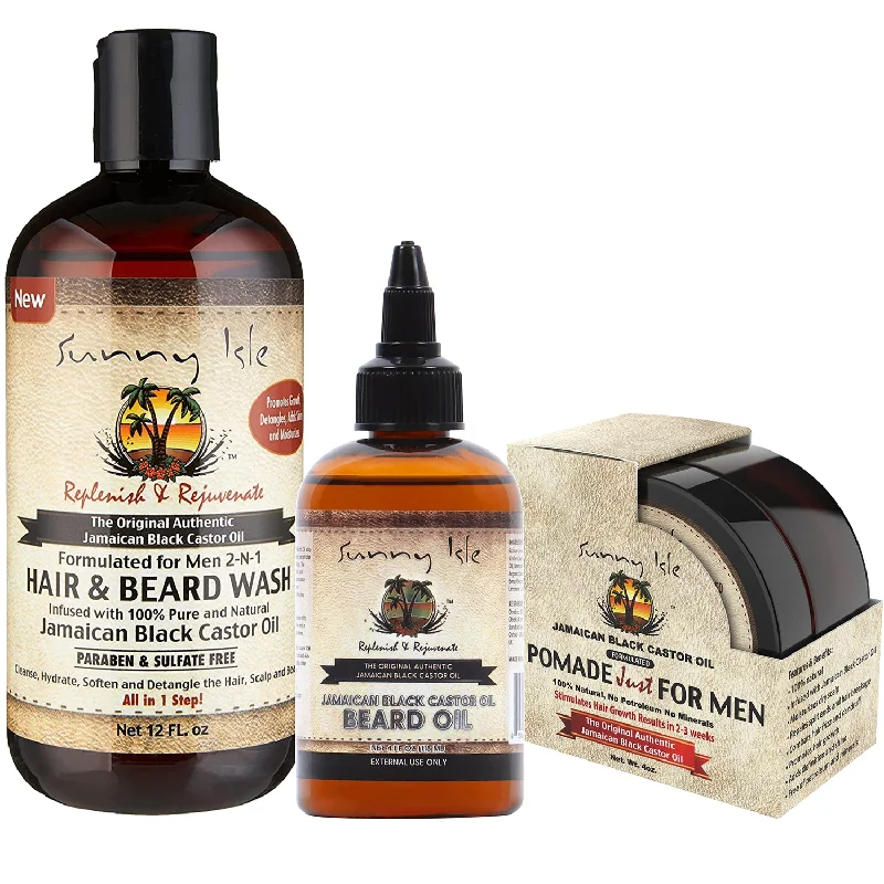 Sunny Isle JBCO Beard Oil, Pomade and 2-N-1 Hair & Beard Wash 3-Piece Bundle