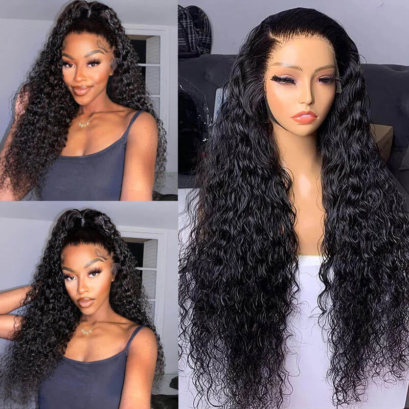 real person hair ring cool treasure-Water Wave 13x4 Lace Frontal Wig Natural Pre Plucked Headline 100% Virgin Human Hair Wigs