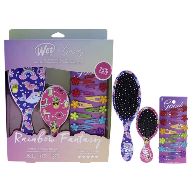 Form lotion-Wet Brush Rainbow Fantasy Goody Kit by Wet Brush for Unisex - 3 Pc 1 Mini Detangler, 1 Original Detangler, 12x Flower Snap Clips