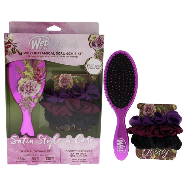 Gloss cream-Wet Brush Wild Botanical Scrunchie Kit - Rose by Wet Brush for Women - 4 Pc Hair Brush, 3 Satin Scunchies